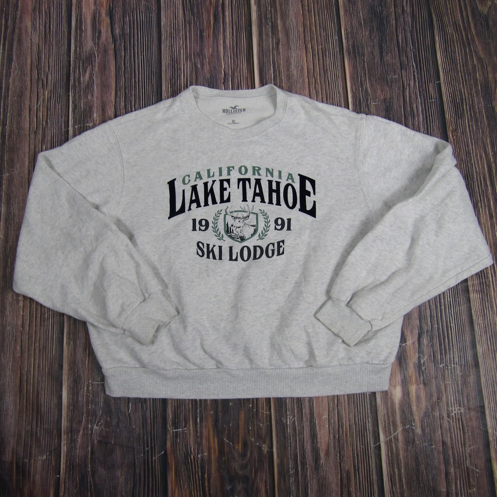 Hollister Sweatshirt Mens‎ XS Grey Lake Tahoe Ski Lodge Graphic Pullover II24-56
